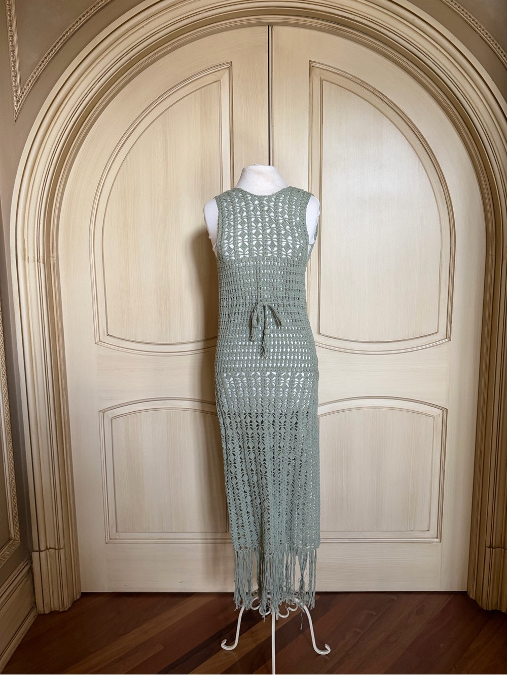 Sleeveless Sage Green Crochet Midi Dress with Tie Waist and Fringe